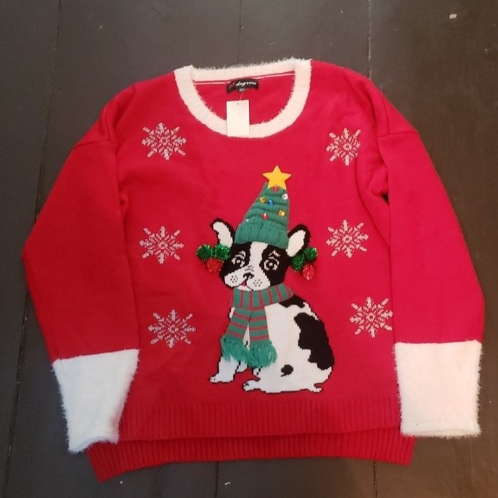 New NWT Christmas sweater with pug dog pet fluffy trim - Size XX Large